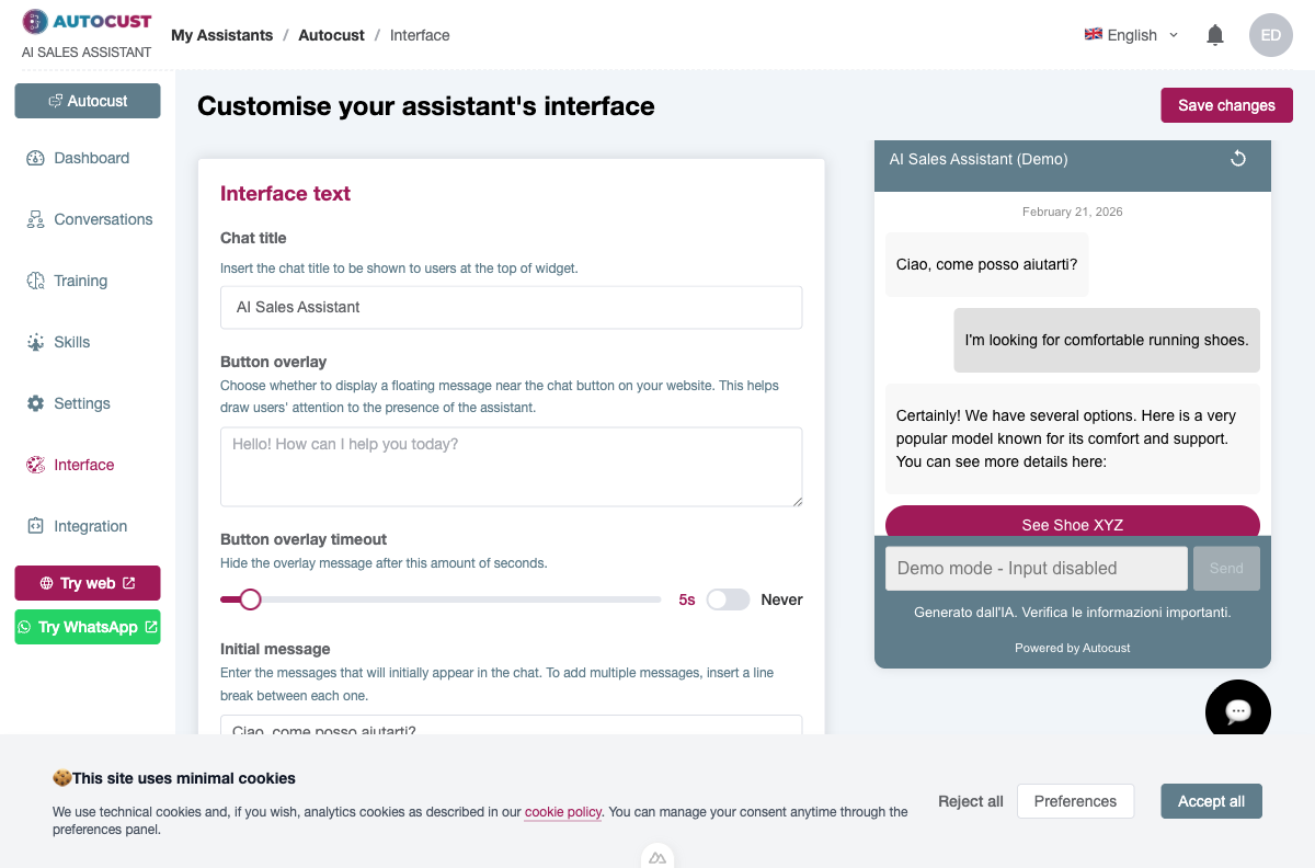 Anteprima interfaccia AISA con widget live e carousel prodotti